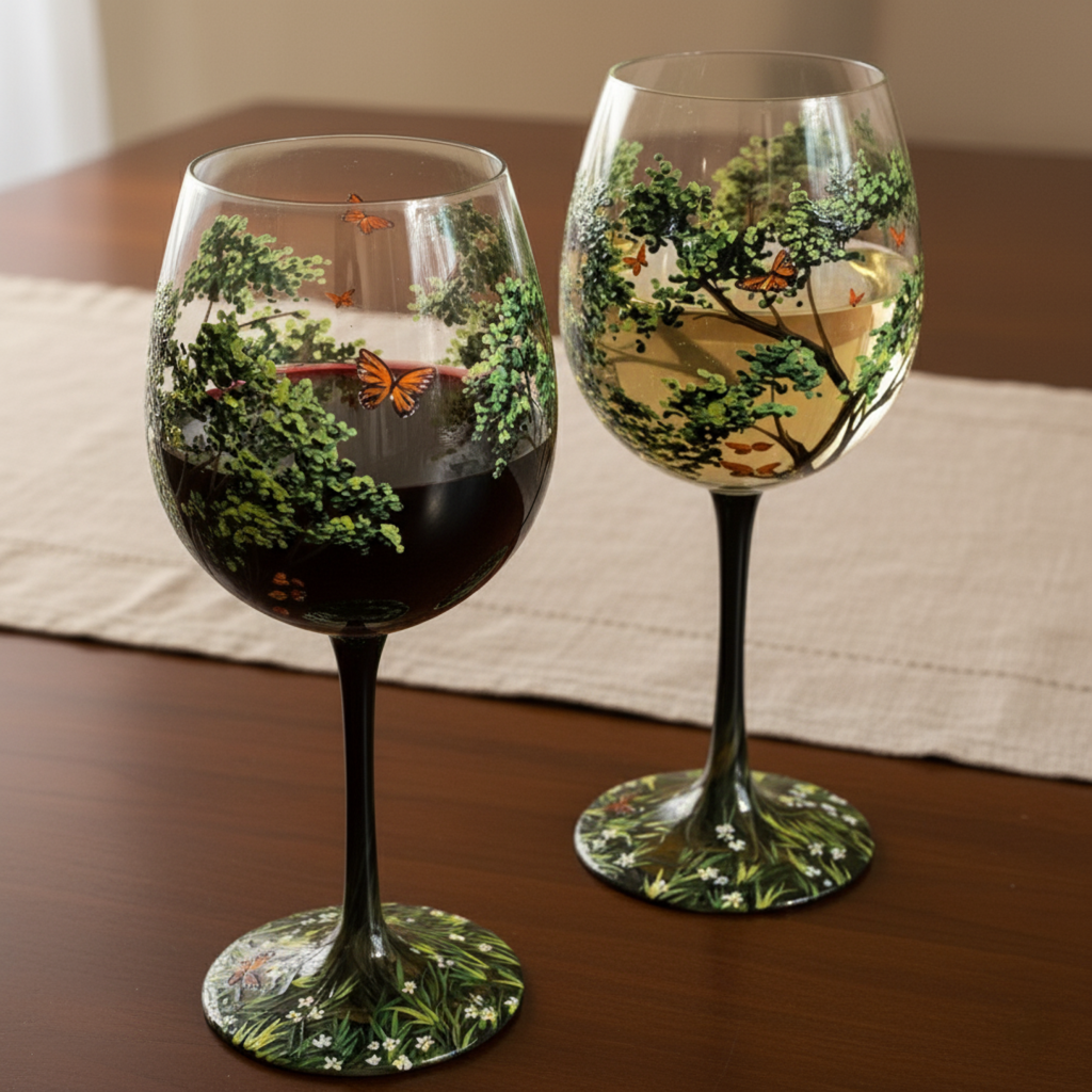 Charly | Hand Painted Four Seasons Tree Wine Glasses | Unique Art