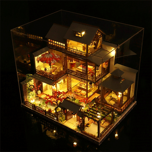 Charly | Large Realistic Wooden Dollhouse with LED Lights | DIY Miniature Playhouse