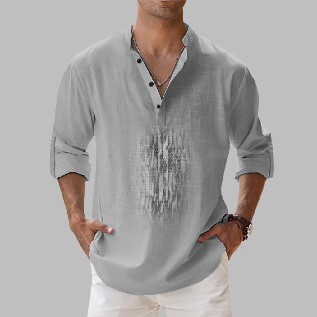 Charly | Men's V-Neck Linen Shirt with Rolled Sleeves