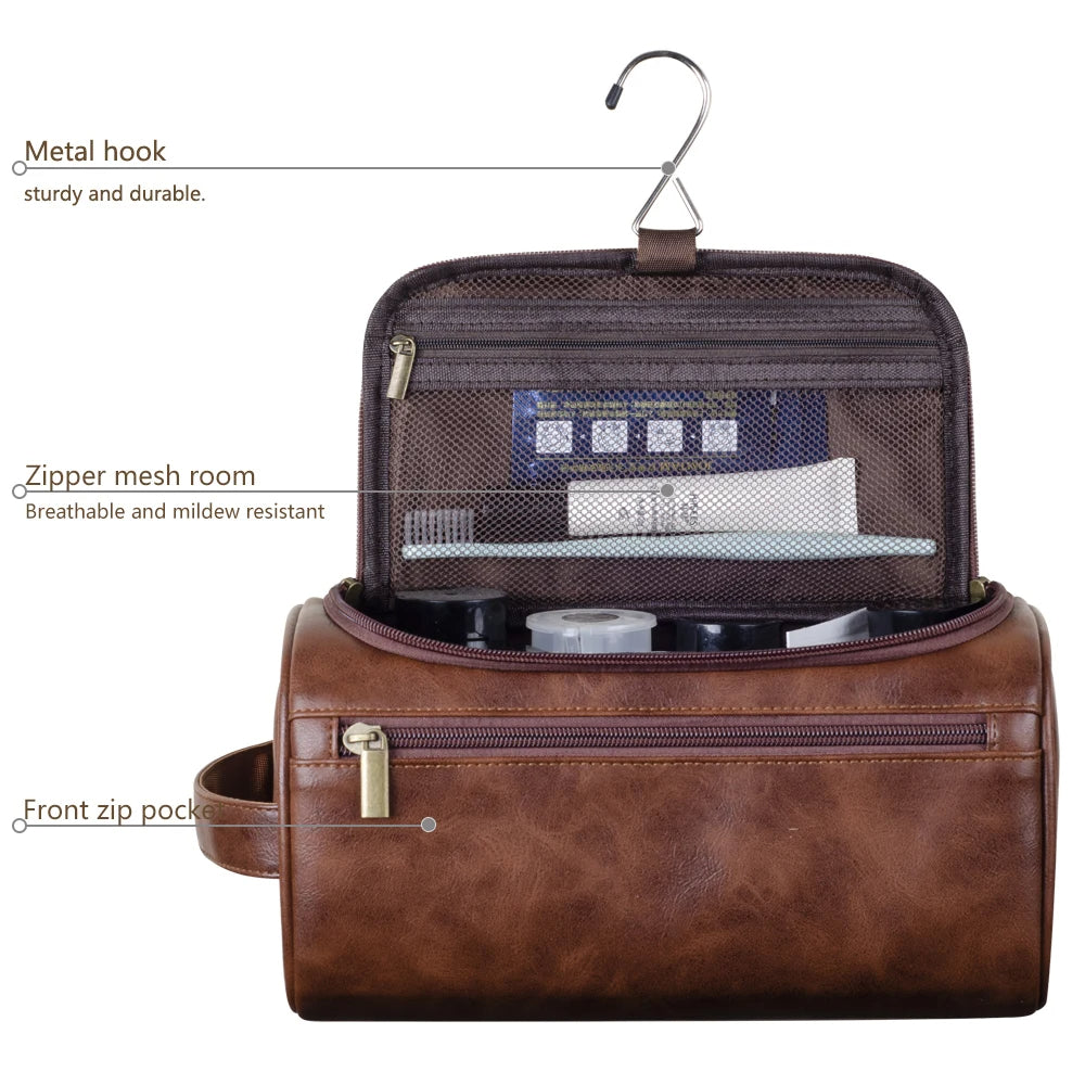 Charly | Premium Leather Toiletry Bag | Three-Layer Water-Repellent Design | Integrated Metal Hook for Hanging | 25x13x13 cm | Compact Travel Organizer with Quick Access Pocket