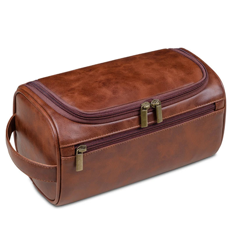 Charly | Premium Leather Toiletry Bag | Three-Layer Water-Repellent Design | Integrated Metal Hook for Hanging | 25x13x13 cm | Compact Travel Organizer with Quick Access Pocket