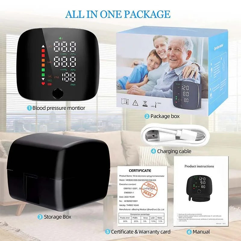 Charly | Smart Wrist Blood Pressure Monitor – Electronic Portable Sphygmomanometer with Voice Alerts