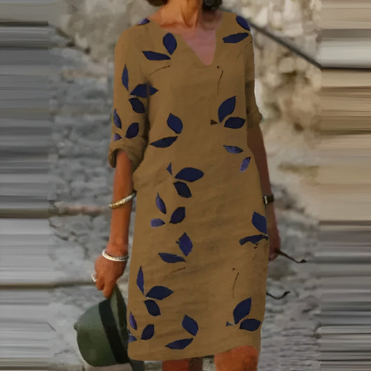 Charly | Women's A-line Midi Dress with Leaf Print