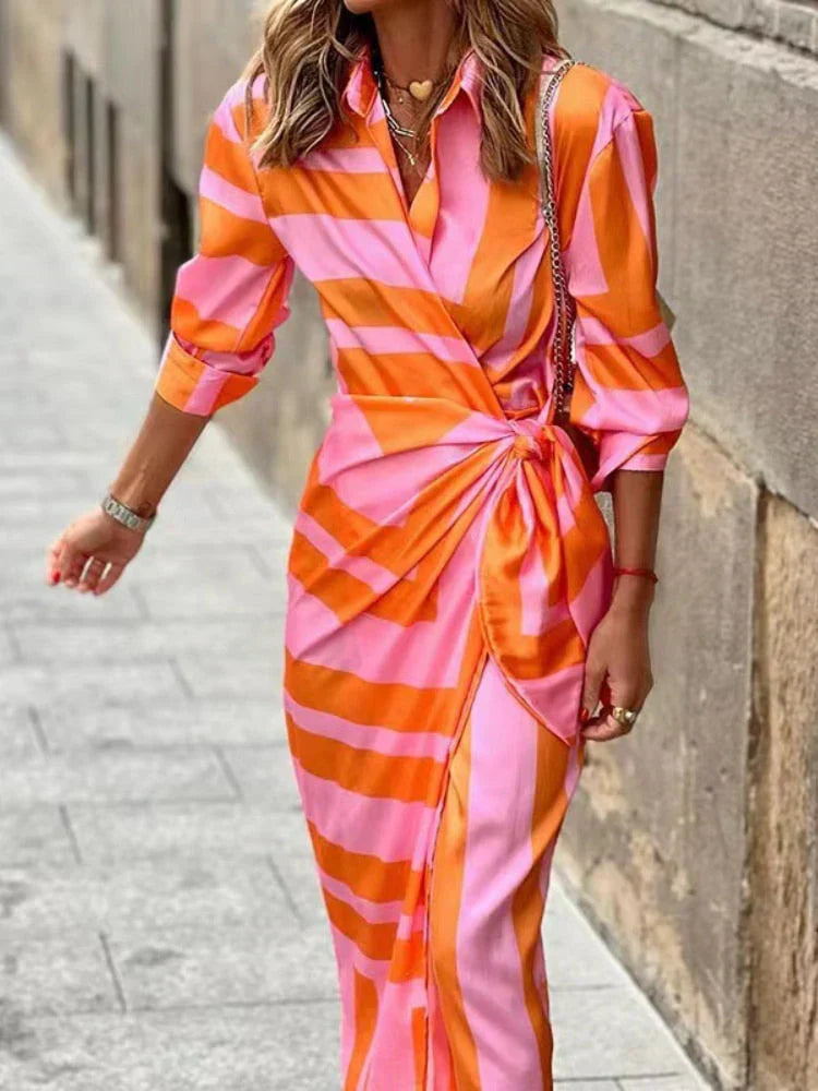 Charly | Women's Collared Maxi Wrap Dress with Tie Detail