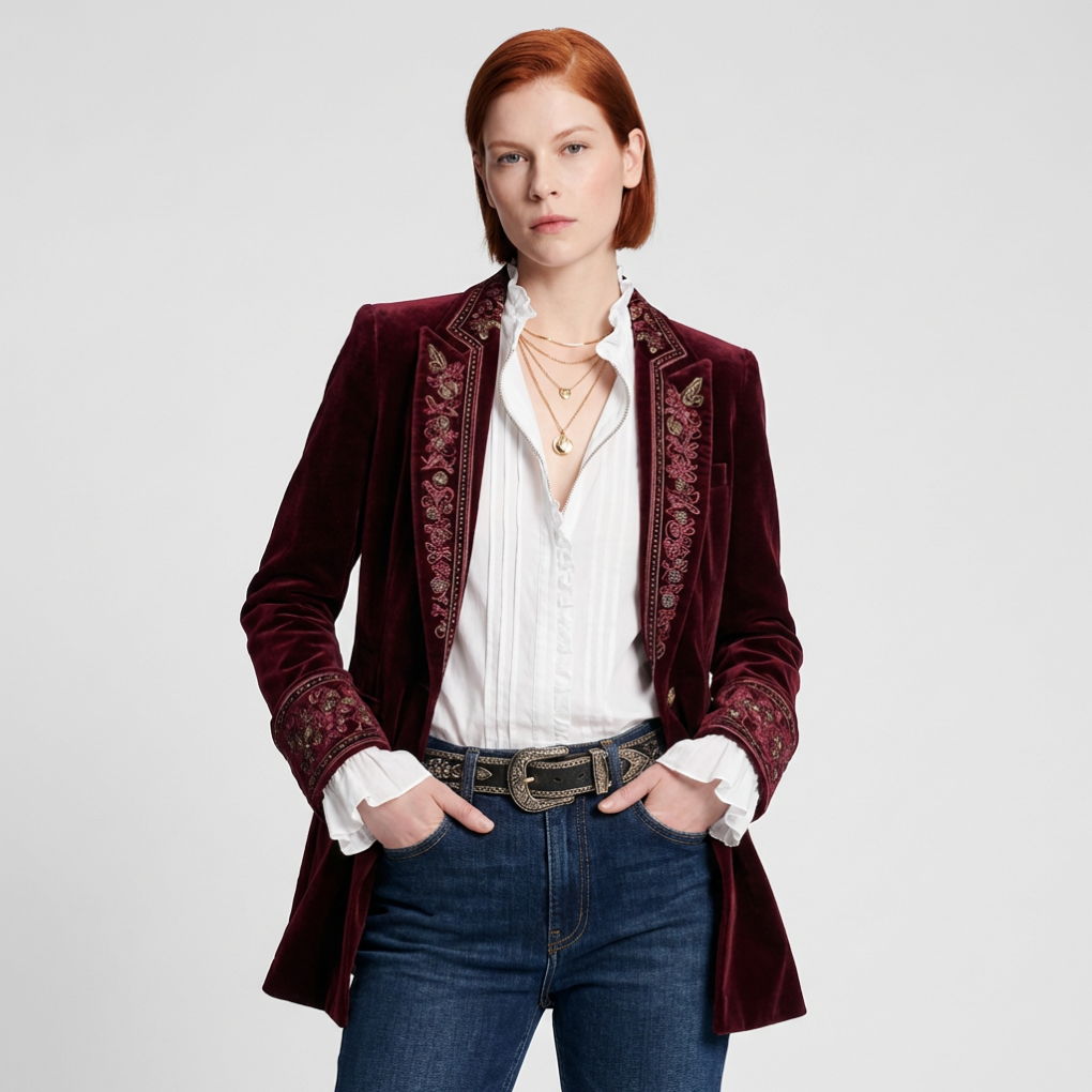 Charly | Women's Embroidered Velvet Longline Blazer