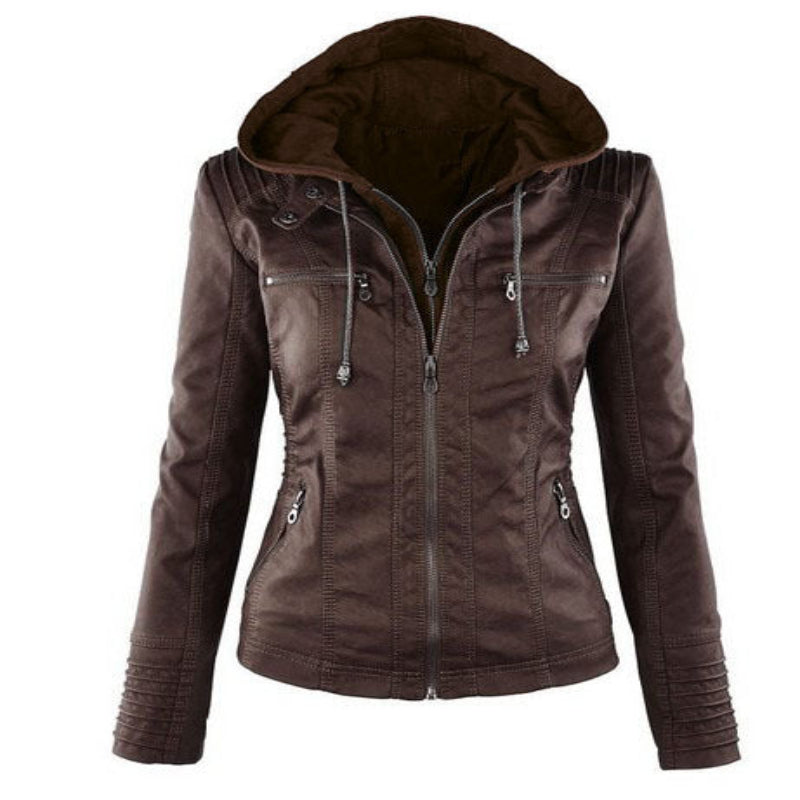 Charly | Women's Faux Leather Jacket with Detachable Hood