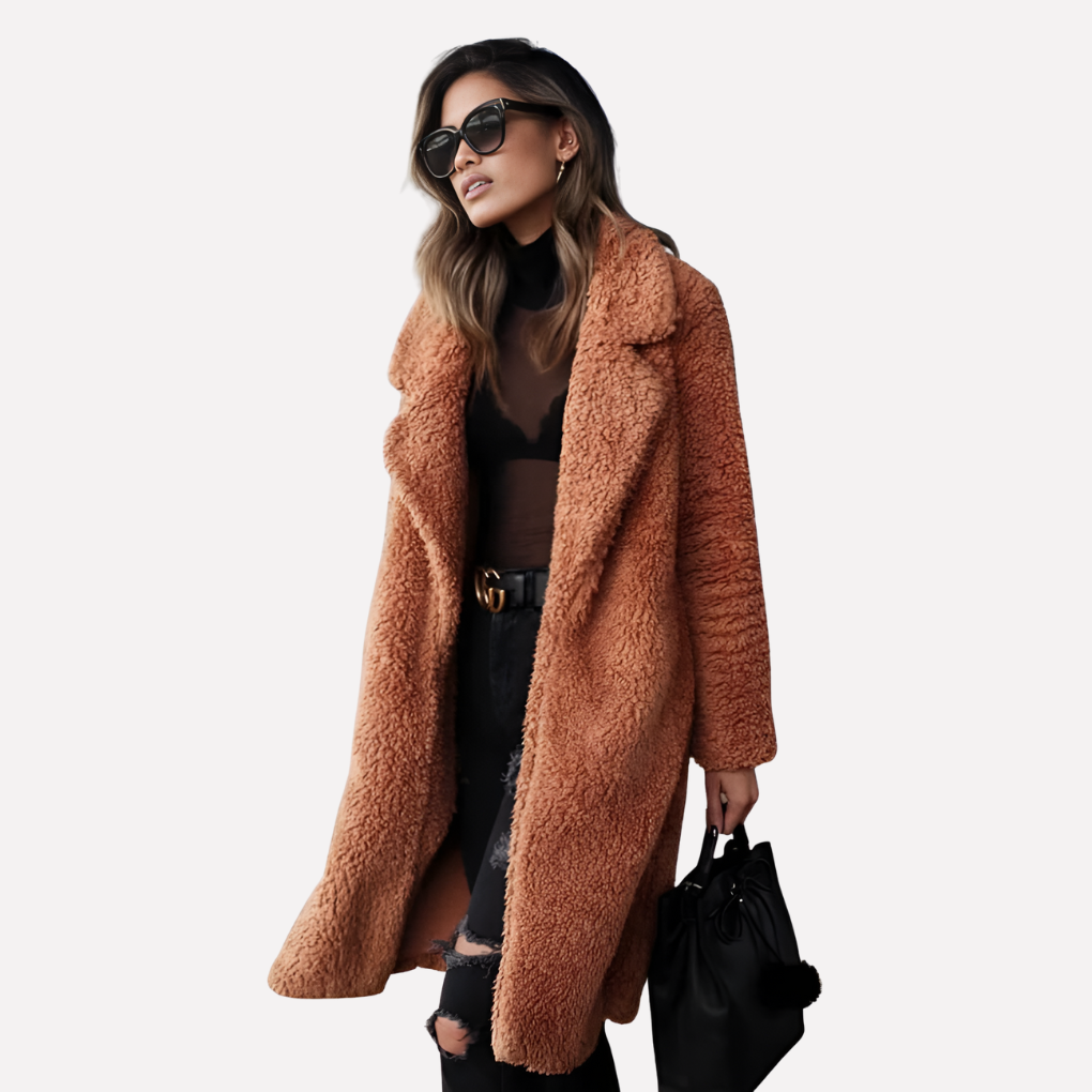 Charly | Women's Long Teddy Coat with Notched Collar