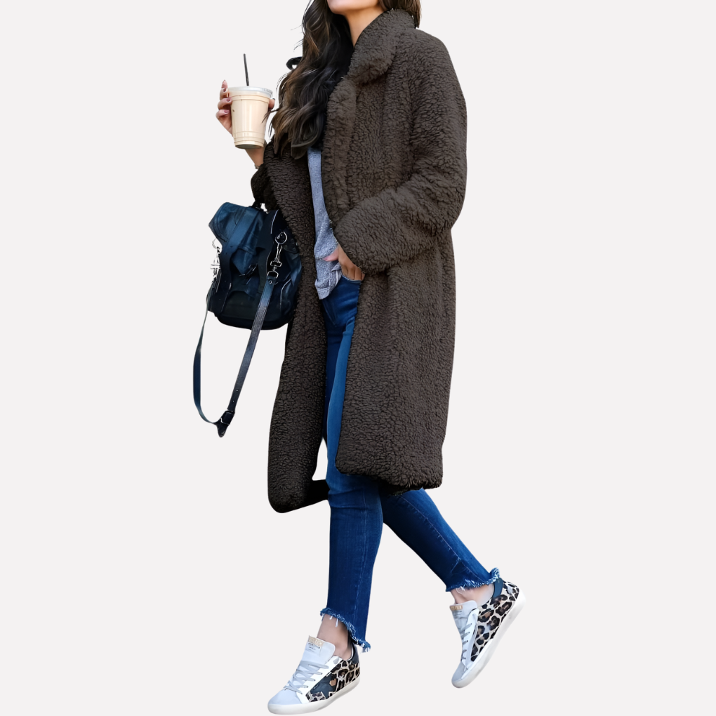 Charly | Women's Long Teddy Coat with Notched Collar