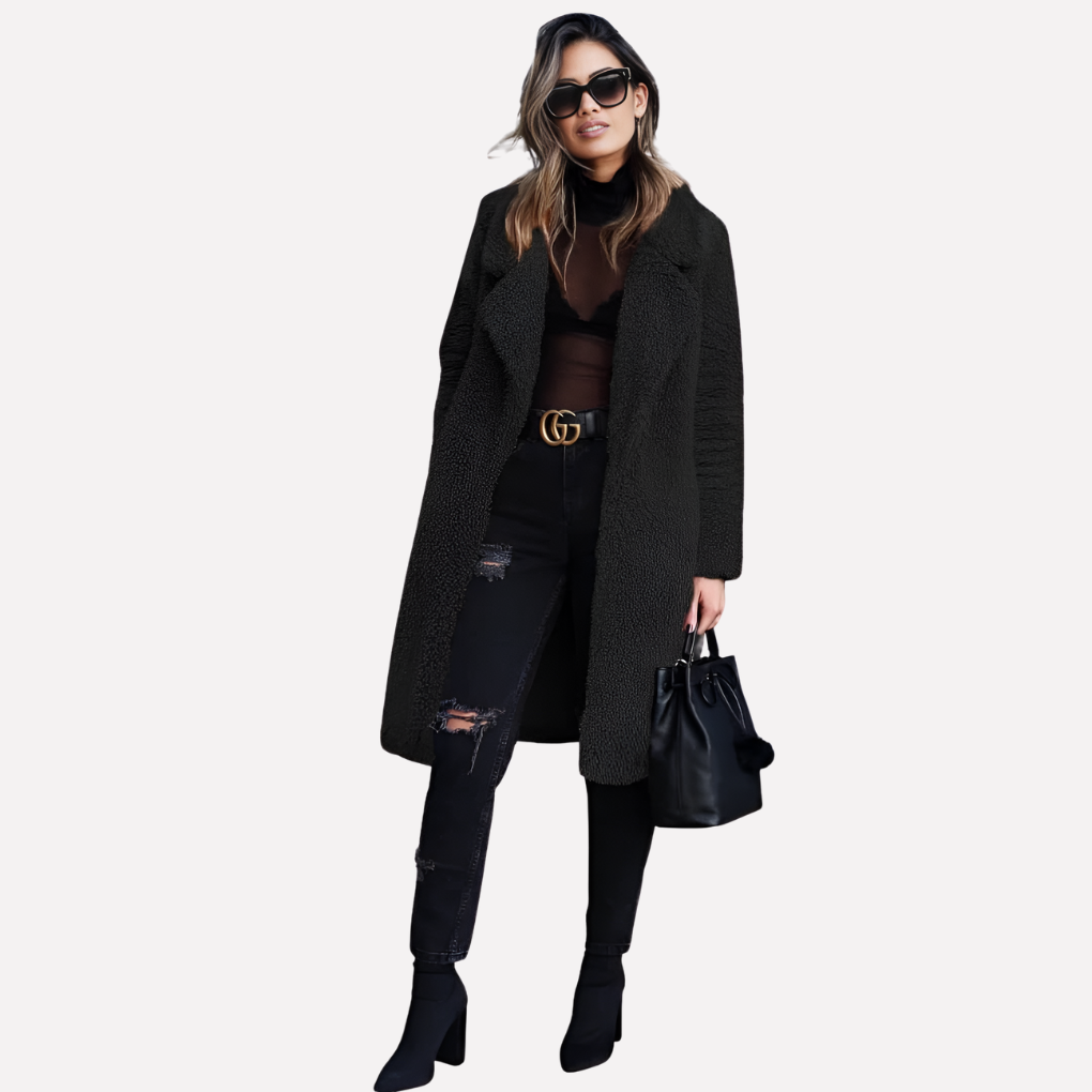 Charly | Women's Long Teddy Coat with Notched Collar