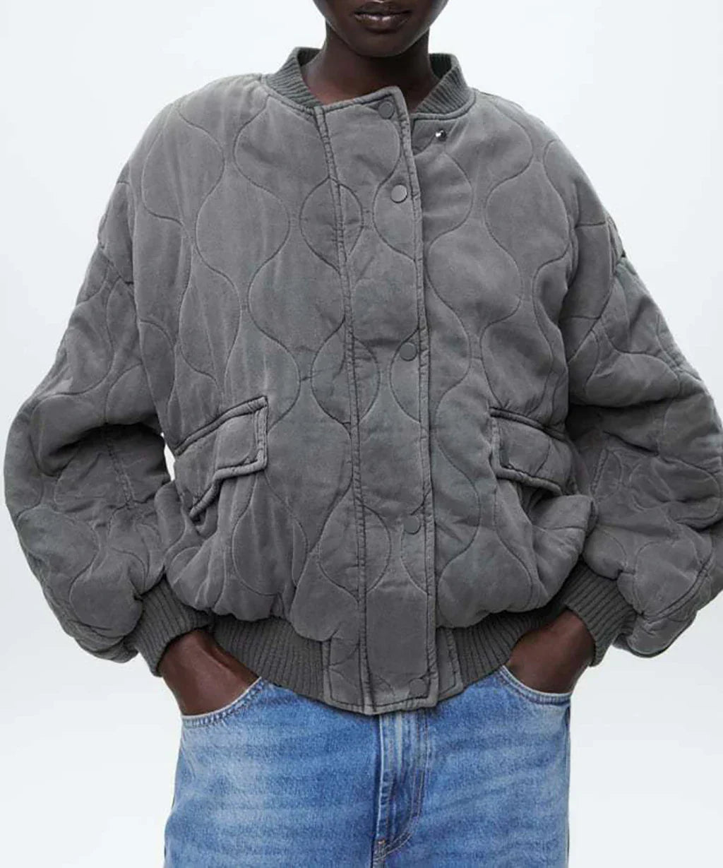 Charly - Women's Loose-Fitting Gray Bomber Jacket