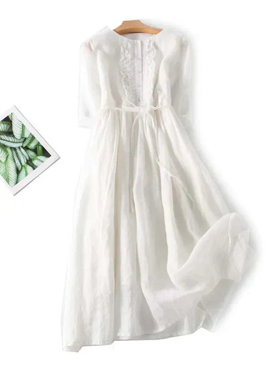 Charly | Women's Ruffled Button Midi Dress with Tie Waist