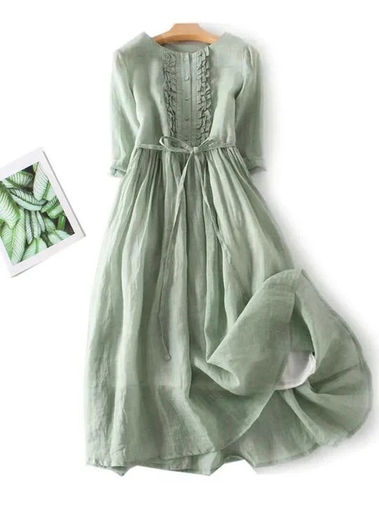 Charly | Women's Ruffled Button Midi Dress with Tie Waist