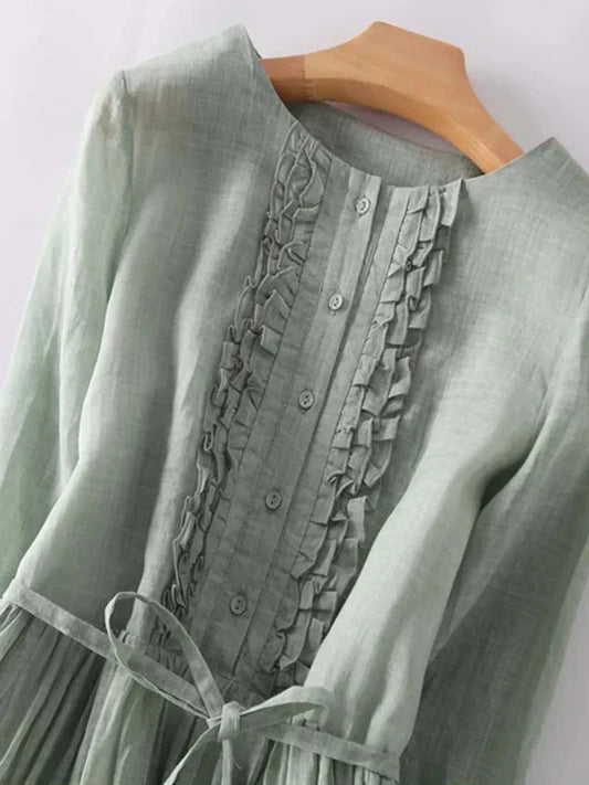 Charly | Women's Ruffled Button Midi Dress with Tie Waist