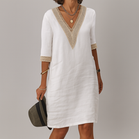 Sisica | V-Neck Crochet Trim Linen Dress