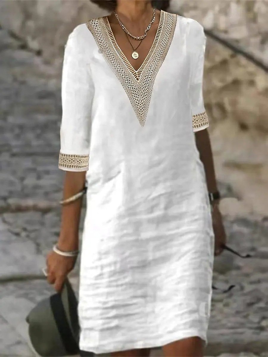 Charly | Women's V-Neck Lace Trim Casual Dress