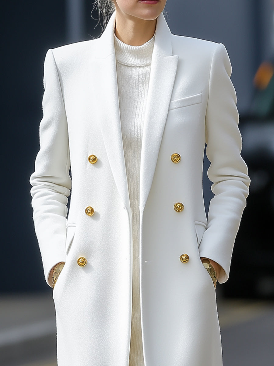 Chic Long Winter Blazer Coat - Stylish White Double-Breasted Outerwear for Office and Evening Wear
