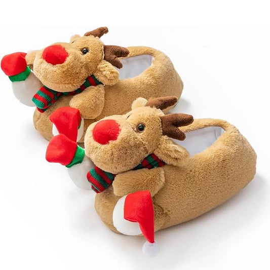 Christmas Slippers - Plush Reindeer Slippers with Non-Slip Sole
