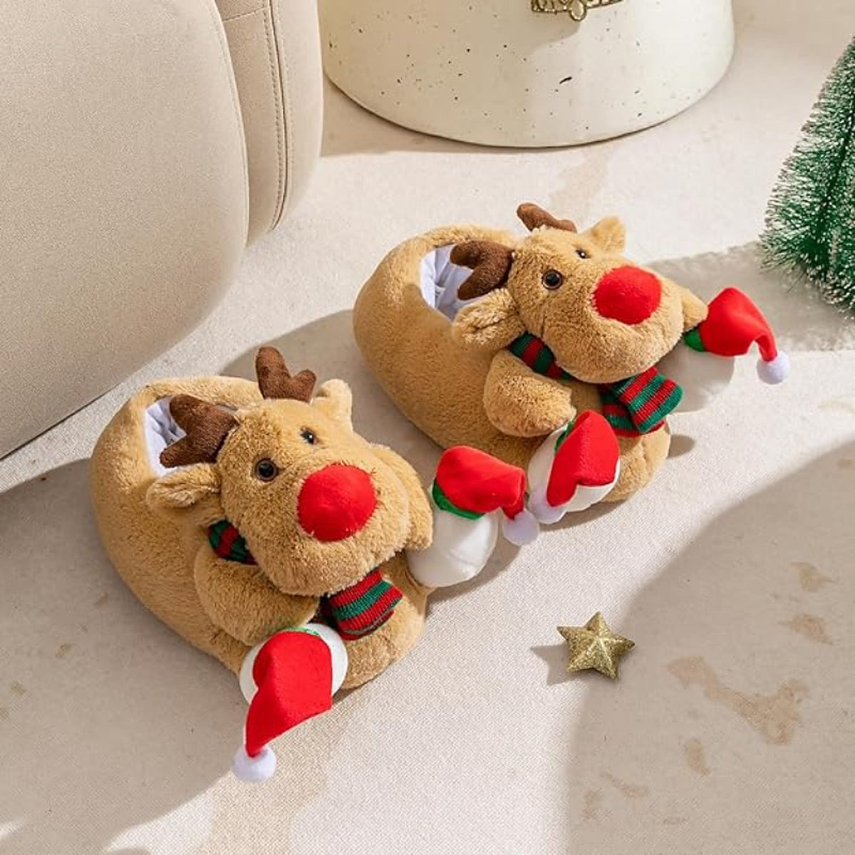 Christmas Slippers - Plush Reindeer Slippers with Non-Slip Sole