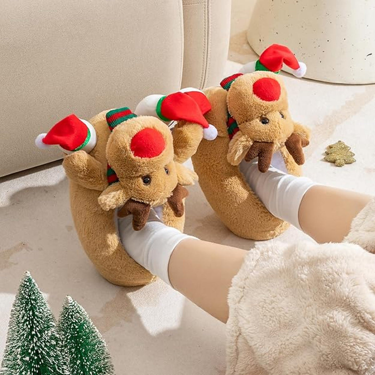 Christmas Slippers - Plush Reindeer Slippers with Non-Slip Sole