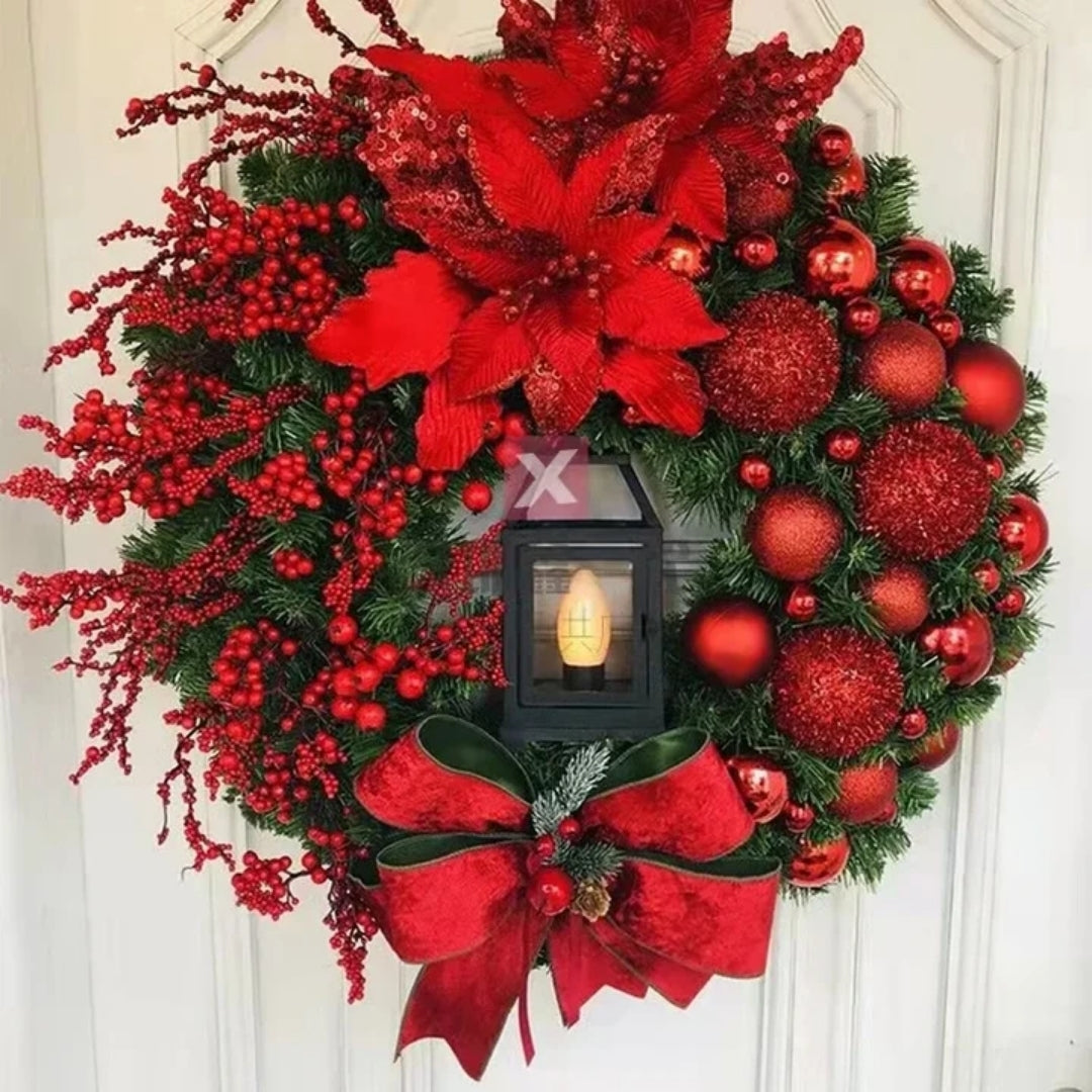 Christmas Wreath with Gold Baubles, Berries and Lights