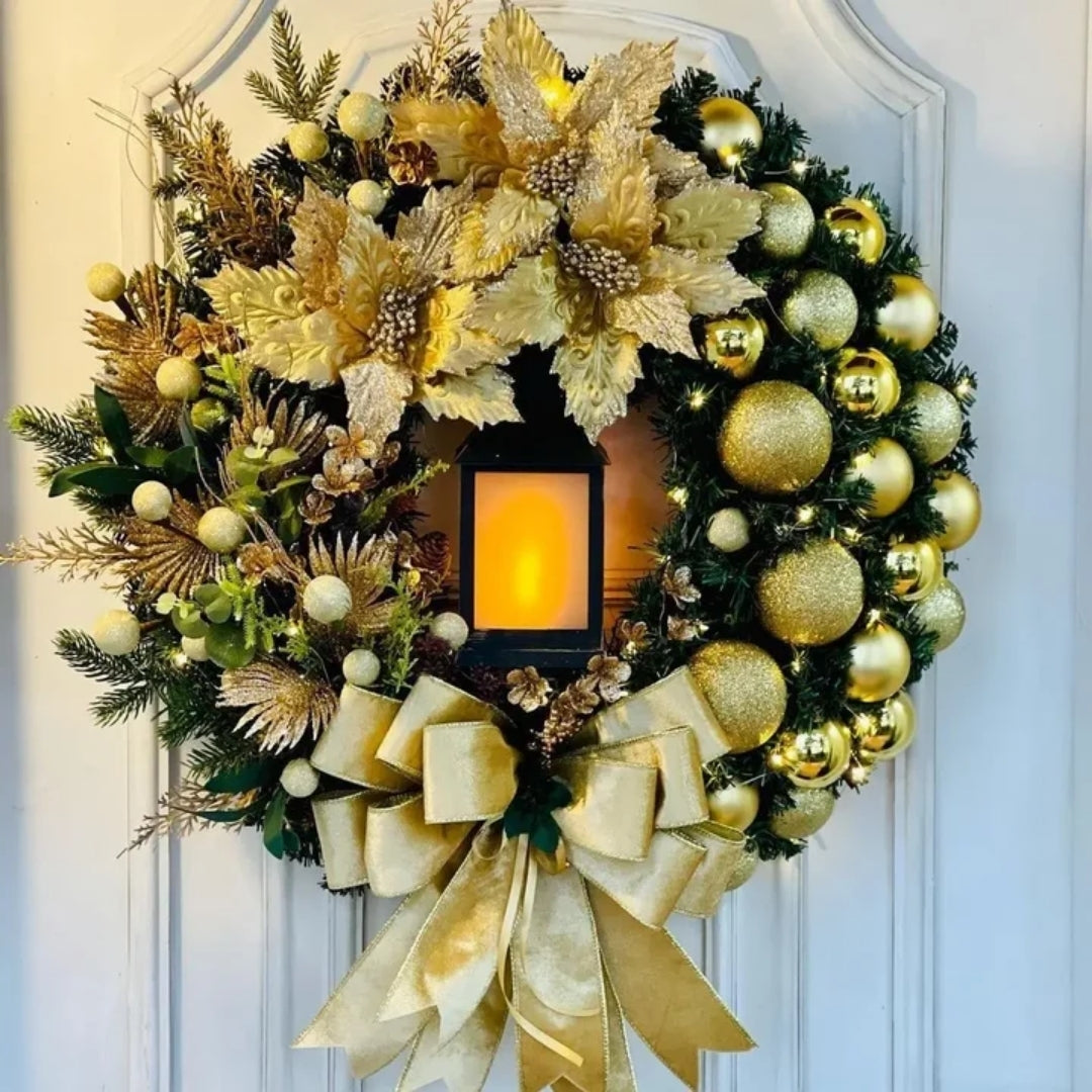 Christmas Wreath with Gold Baubles, Berries and Lights