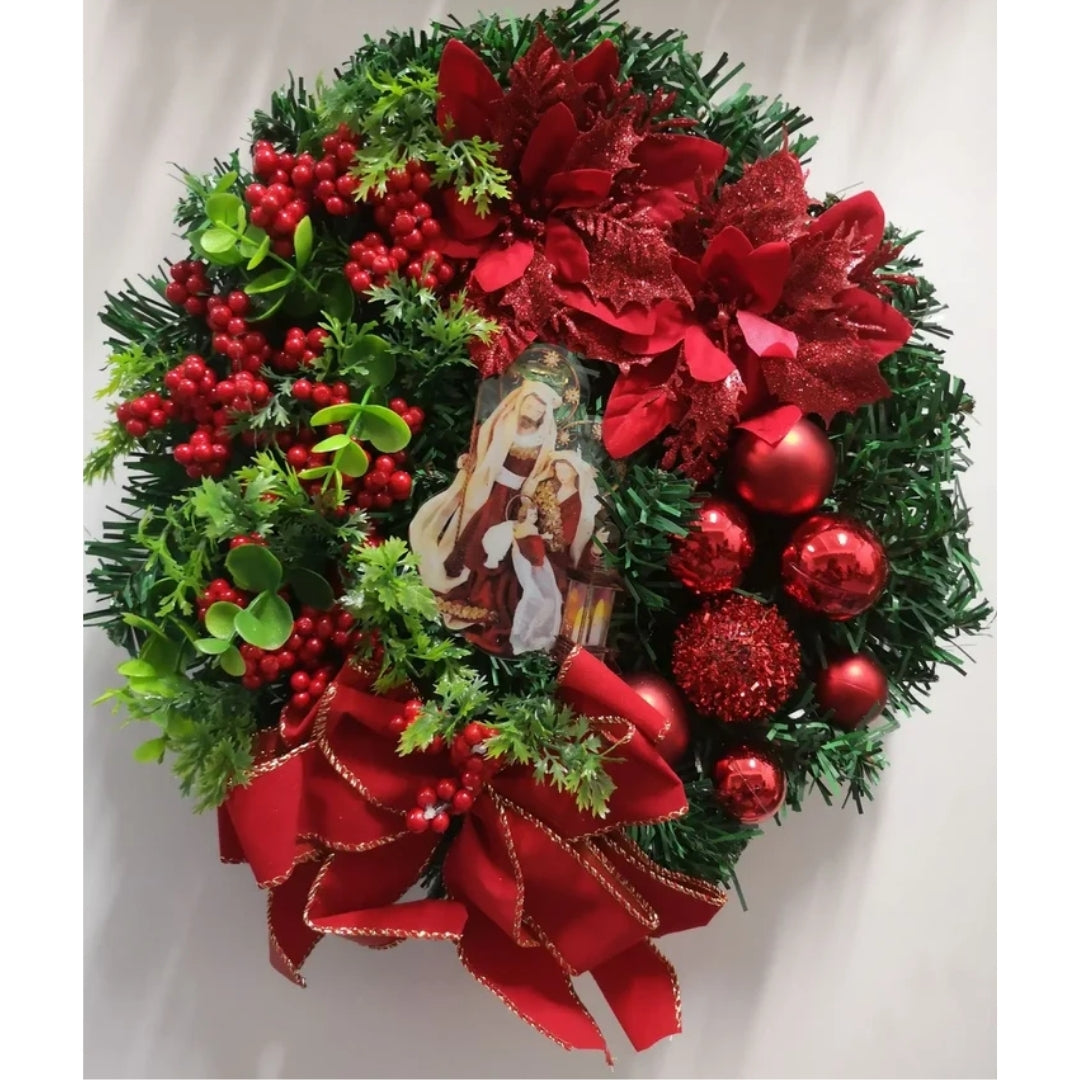 Christmas Wreath with Gold Baubles, Berries and Lights