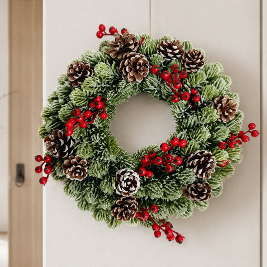 Christmas Wreath with Snow Effect, Red Berries and Pine Cones