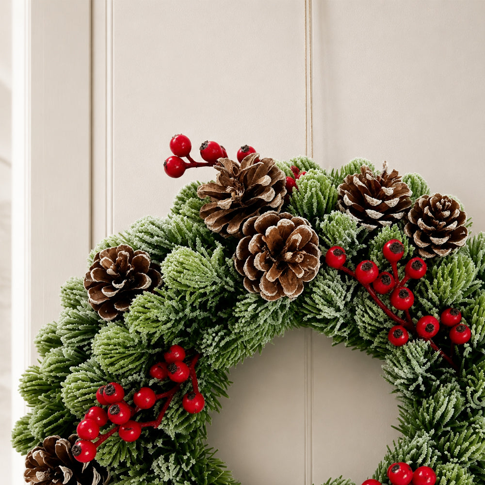 Christmas Wreath with Snow Effect, Red Berries and Pine Cones