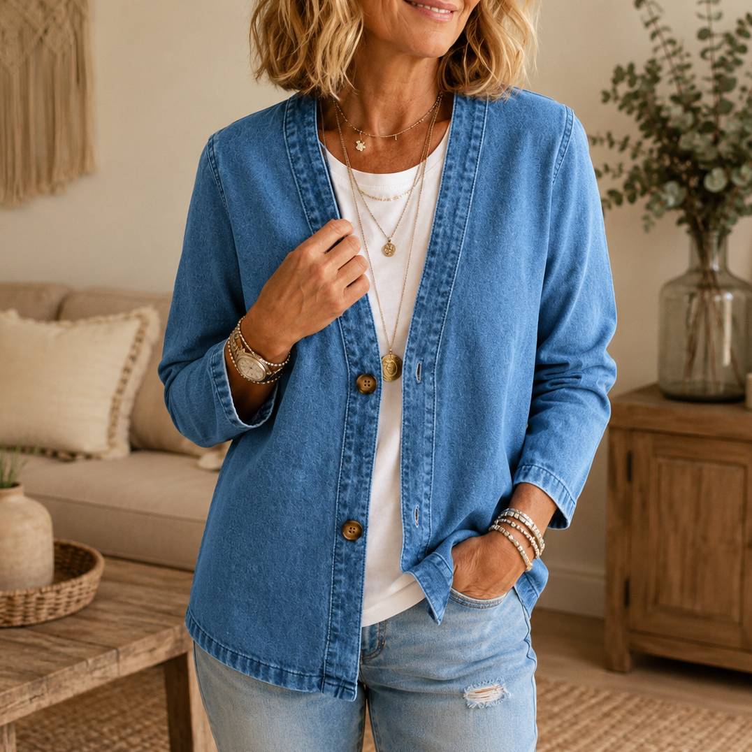 Collarless Soft Denim-Look Button-Down Cardigan