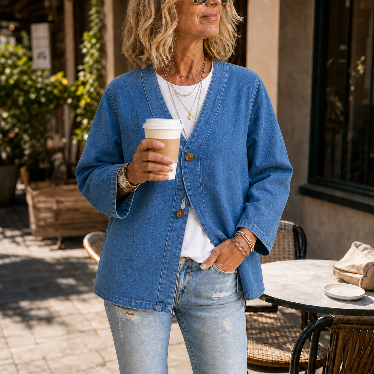 Collarless Soft Denim-Look Button-Down Cardigan
