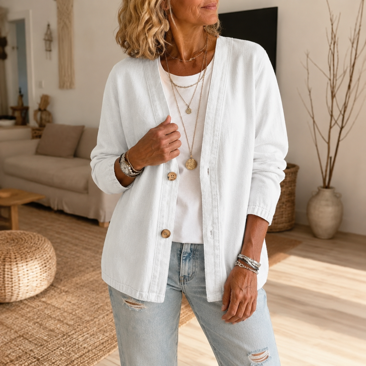 Collarless Soft Denim-Look Button-Down Cardigan