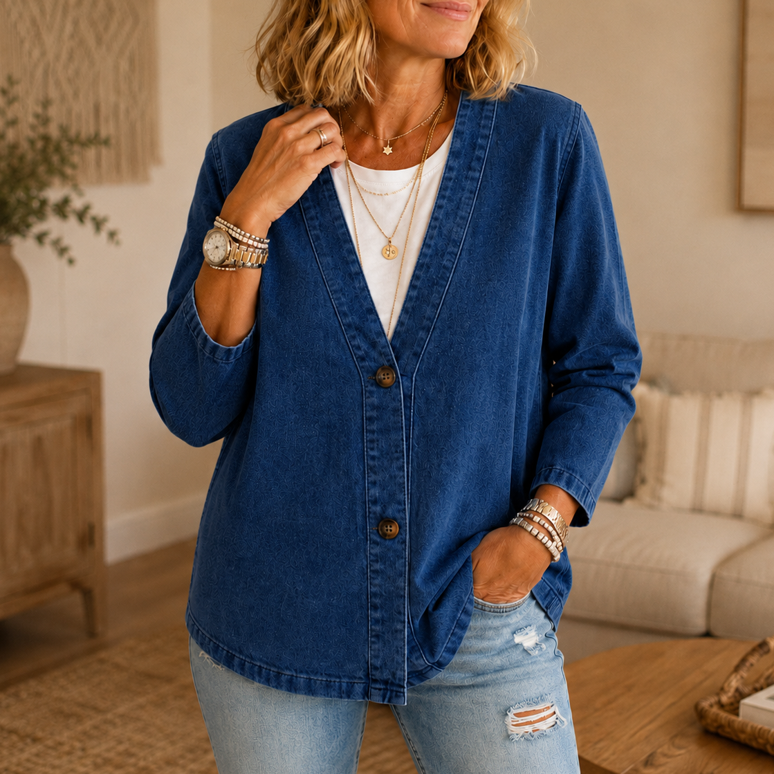 Collarless Soft Denim-Look Button-Down Cardigan
