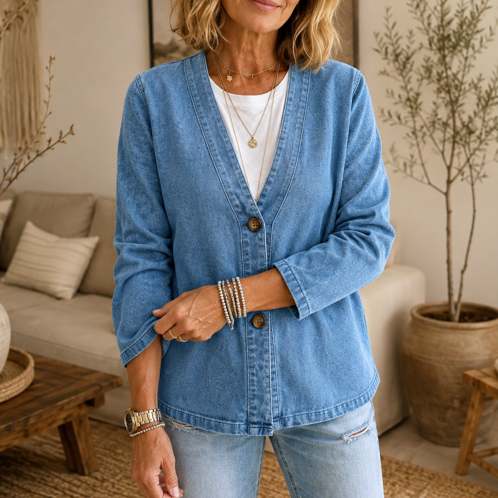 Collarless Soft Denim-Look Button-Down Cardigan