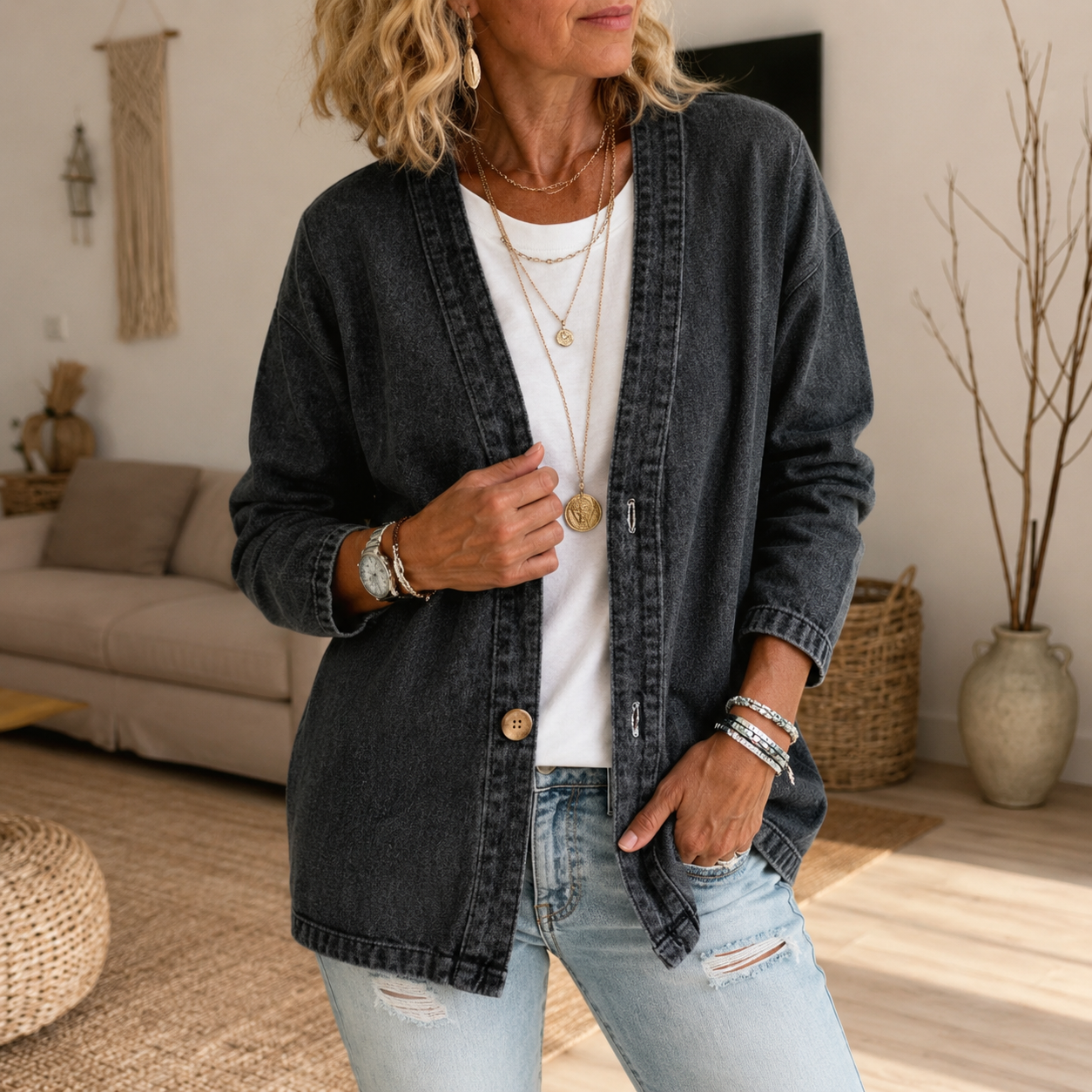 Collarless Soft Denim-Look Button-Down Cardigan