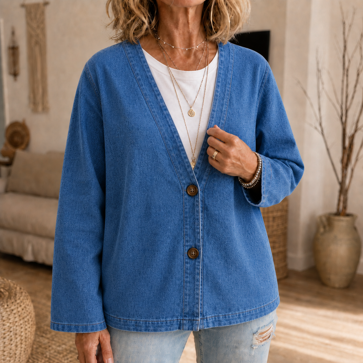 Collarless Soft Denim-Look Button-Down Cardigan