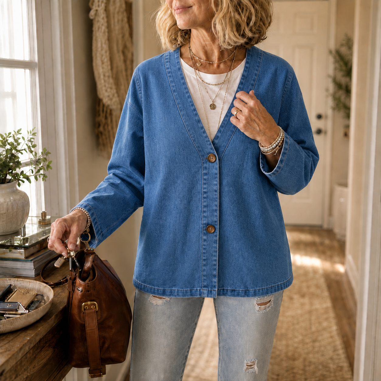 Collarless Soft Denim-Look Button-Down Cardigan