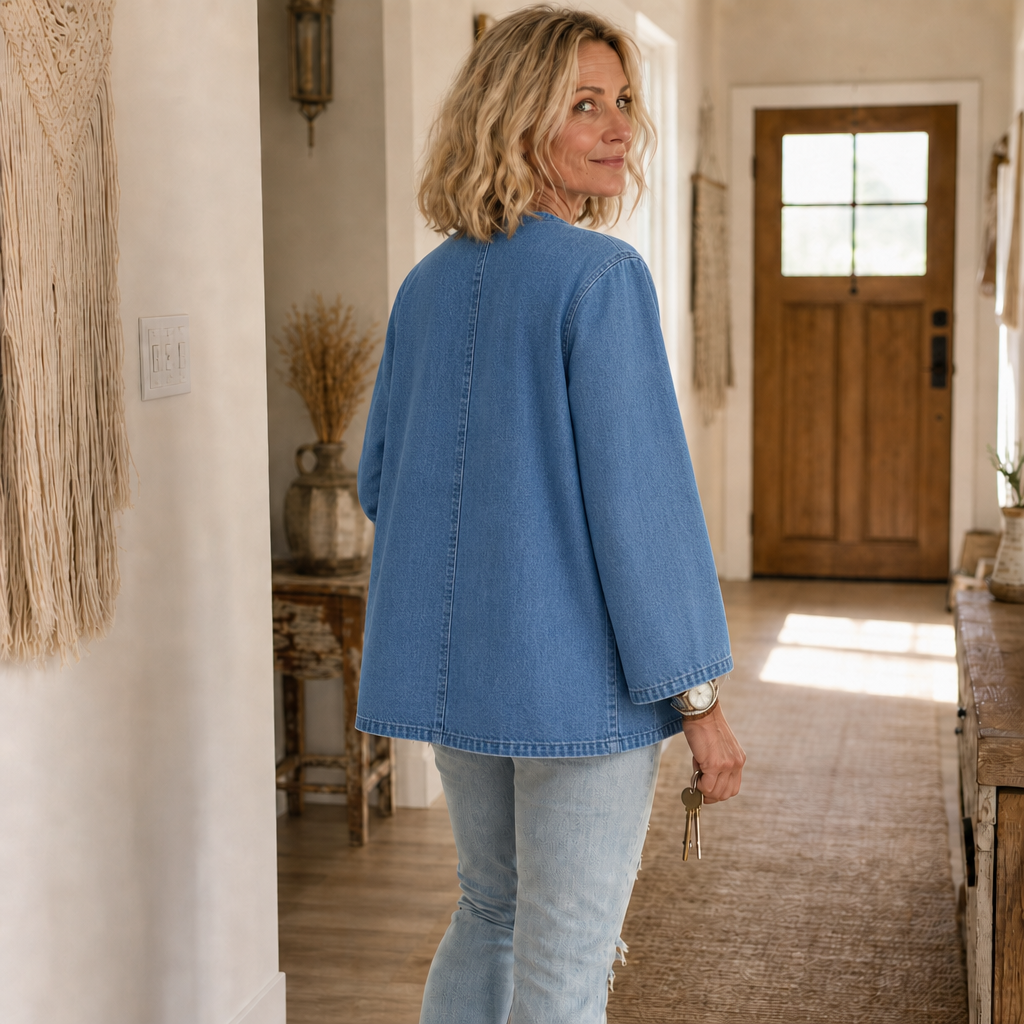 Collarless Soft Denim-Look Button-Down Cardigan