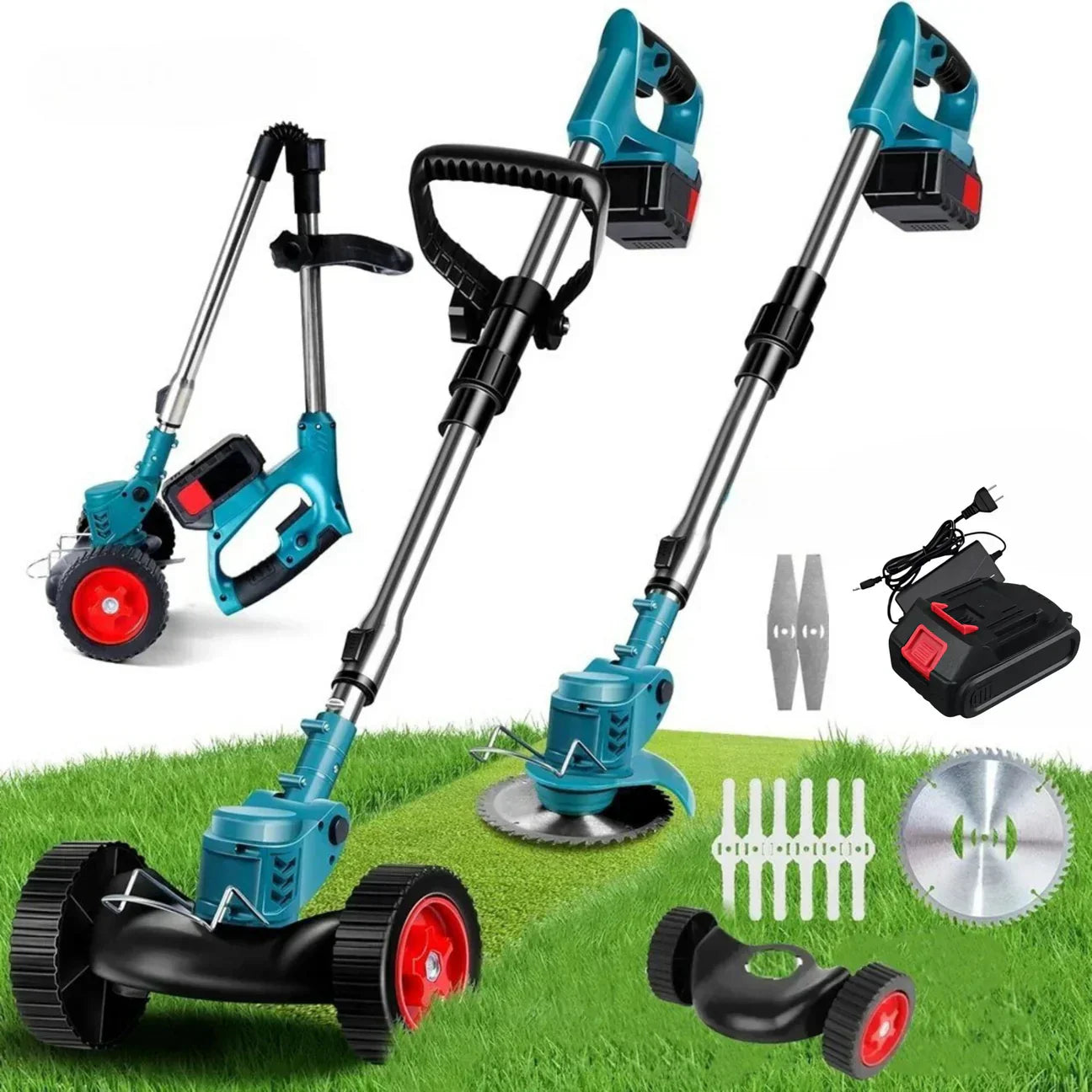 Cordless & Foldable Grass Trimmer 36V – Adjustable Height, Wheels & 3 Blade Types