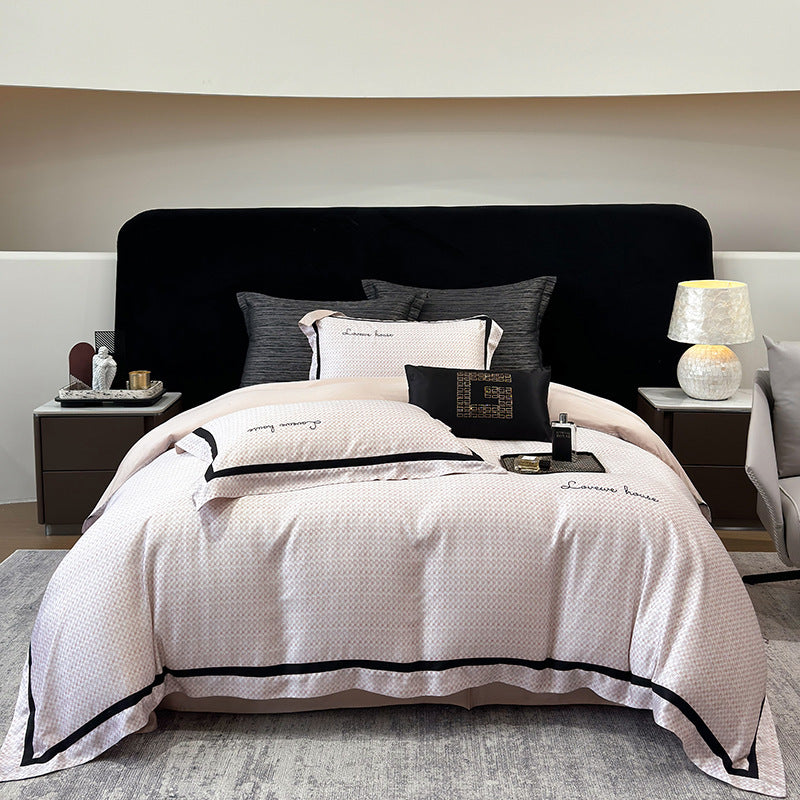 Cotton Sateen Bedding Set with Fine Micro-Pattern, Black Contrast Piping and Embroidered Lettering