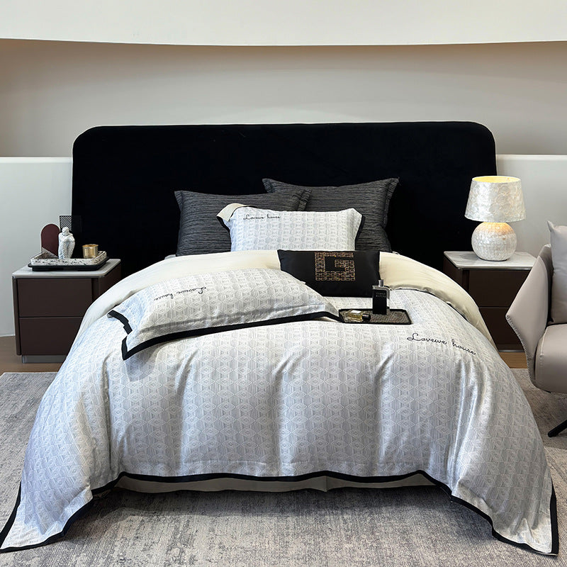 Cotton Sateen Bedding Set with Fine Micro-Pattern, Black Contrast Piping and Embroidered Lettering