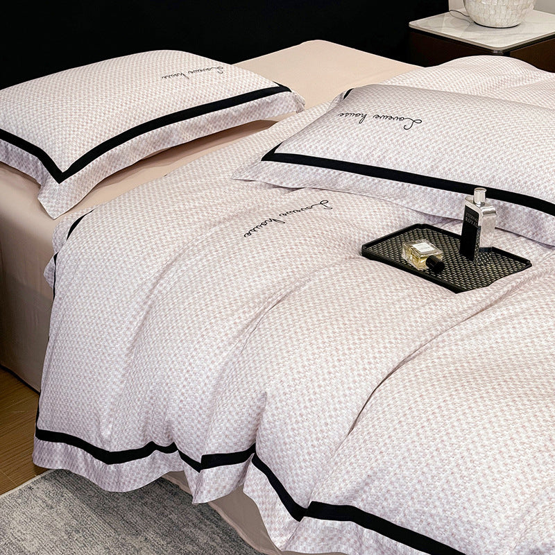 Cotton Sateen Bedding Set with Fine Micro-Pattern, Black Contrast Piping and Embroidered Lettering