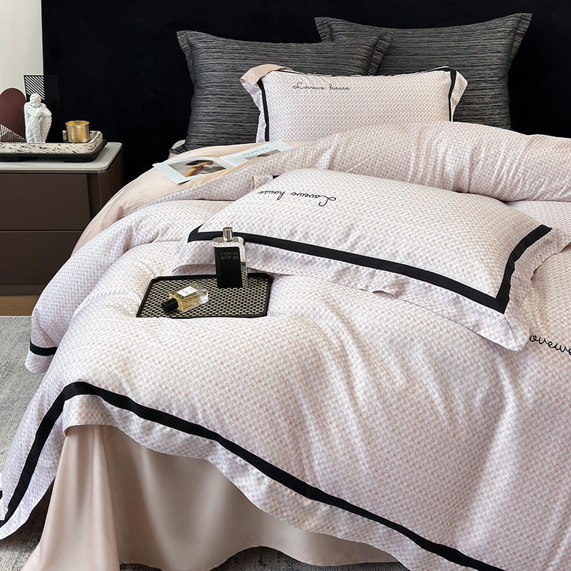 Cotton Sateen Bedding Set with Fine Micro-Pattern, Black Contrast Piping and Embroidered Lettering