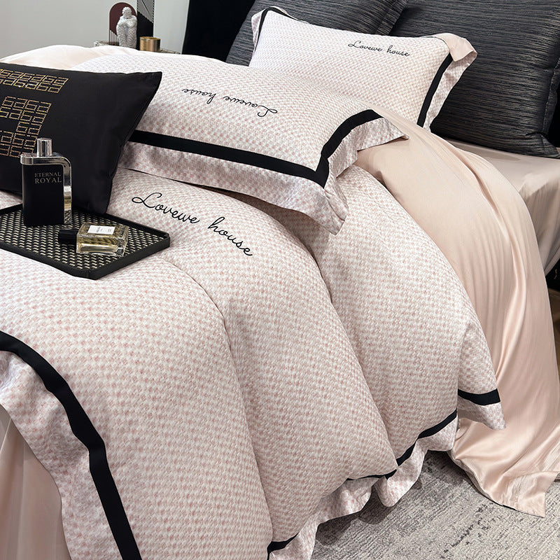 Cotton Sateen Bedding Set with Fine Micro-Pattern, Black Contrast Piping and Embroidered Lettering