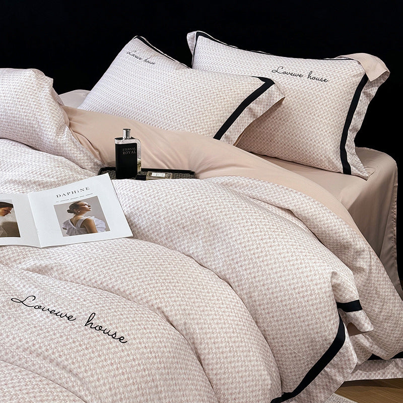 Cotton Sateen Bedding Set with Fine Micro-Pattern, Black Contrast Piping and Embroidered Lettering