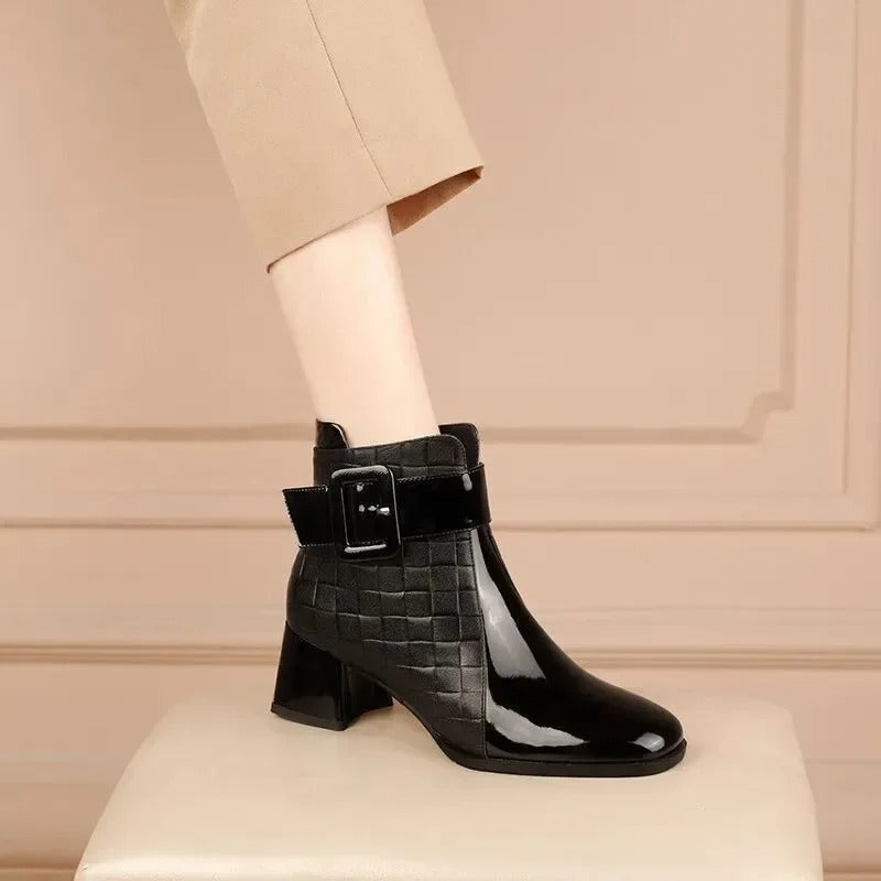 Croc-Effect Block-Heel Ankle Boots with Chic Buckle