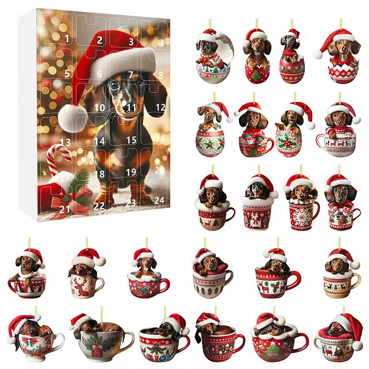 Dachshund Advent Calendar - 24 Christmas Ornaments for Christmas Countdown