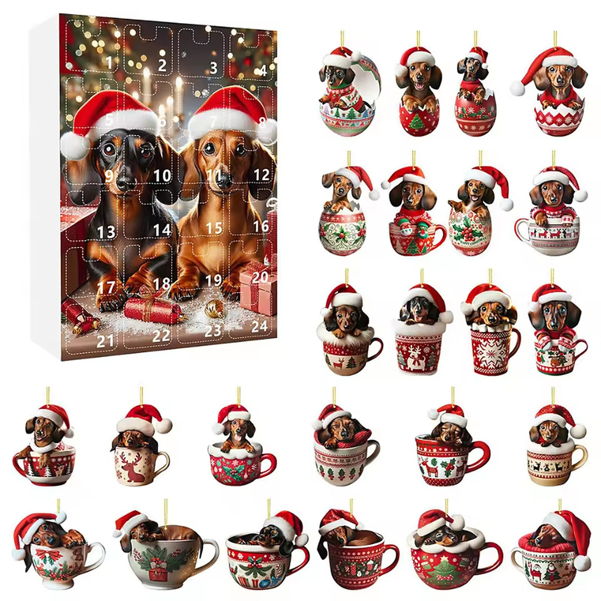 Dachshund Advent Calendar - 24 Christmas Ornaments for Christmas Countdown