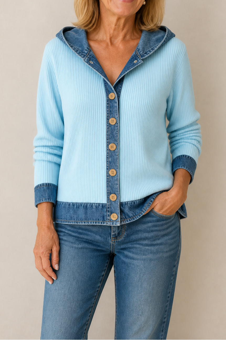 Denim-Trim Hooded Knit Cardigan
