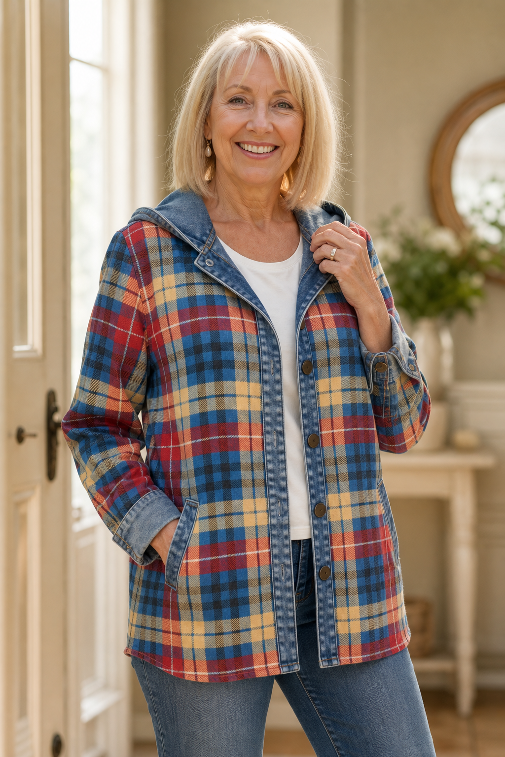 Denim-Trim Hooded Knit Cardigan