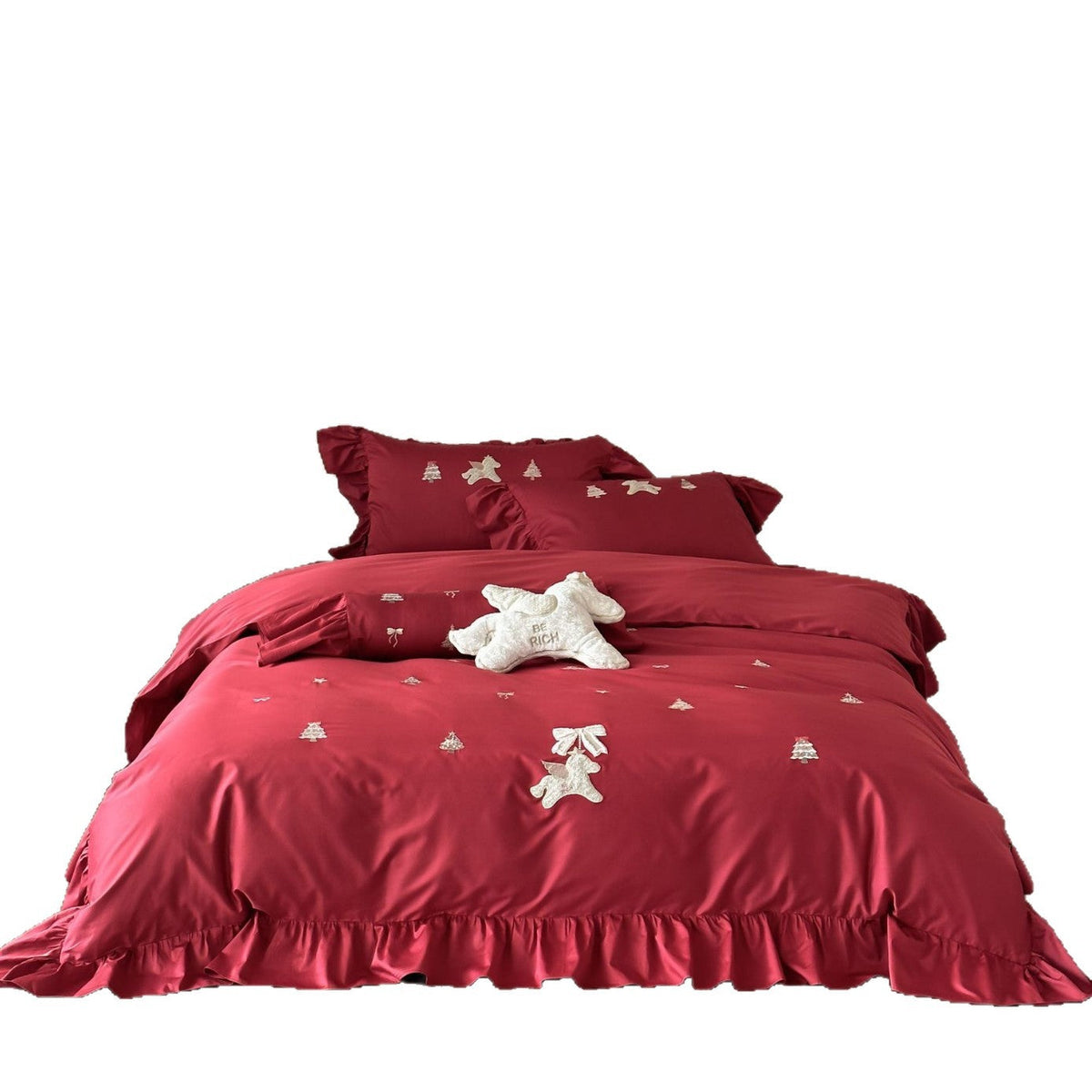 Festive Cotton Sateen Bedding Set with Ruffles and Embroidered Winter Motifs